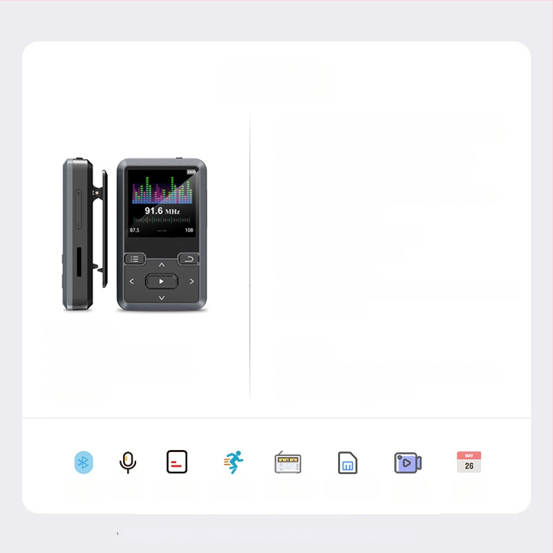 MB57 mini Bluetooth MP3-mängija klipsiga, 1,5-tolline monokromne ekraan, TF-kaart ja USB 2.0, toetus MP3/WMA/WAV/OGG/FLAC/APE, e-raamatute lugemine