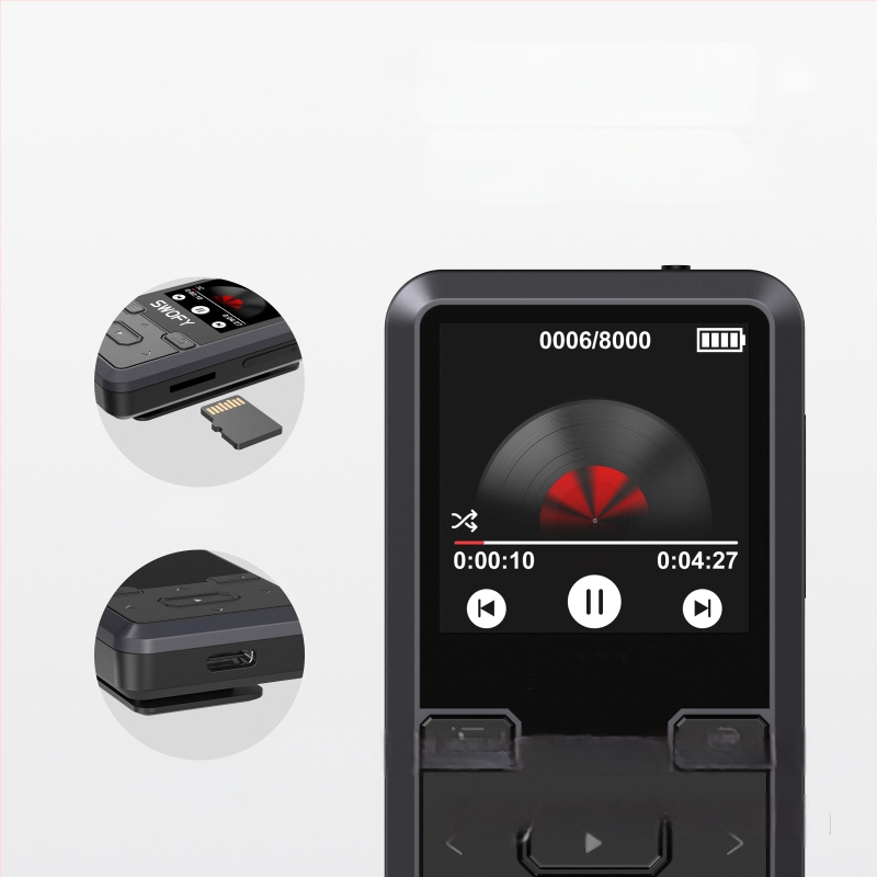MB57 mini Bluetooth MP3-mängija klipsiga, 1,5-tolline monokromne ekraan, TF-kaart ja USB 2.0, toetus MP3/WMA/WAV/OGG/FLAC/APE, e-raamatute lugemine