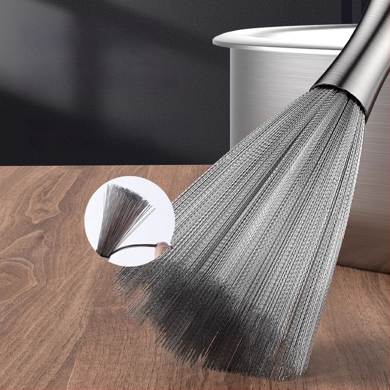 Puodų šepetėlis su ilga rankena, iš 304 nerūdijančio plieno, su plieno kamuoline šveitimui virtuvėje