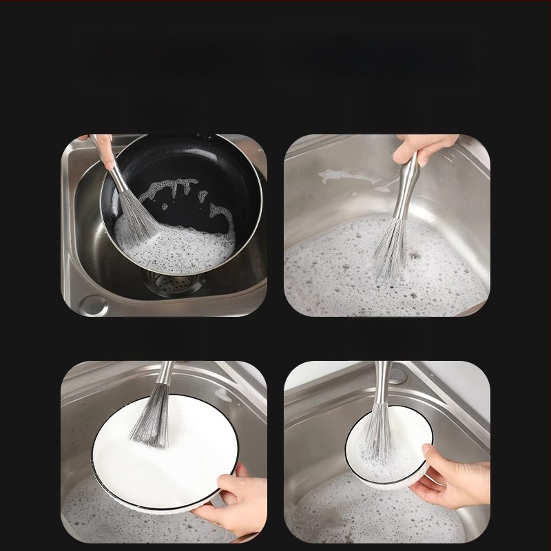 Puodų šepetėlis su ilga rankena, iš 304 nerūdijančio plieno, su plieno kamuoline šveitimui virtuvėje