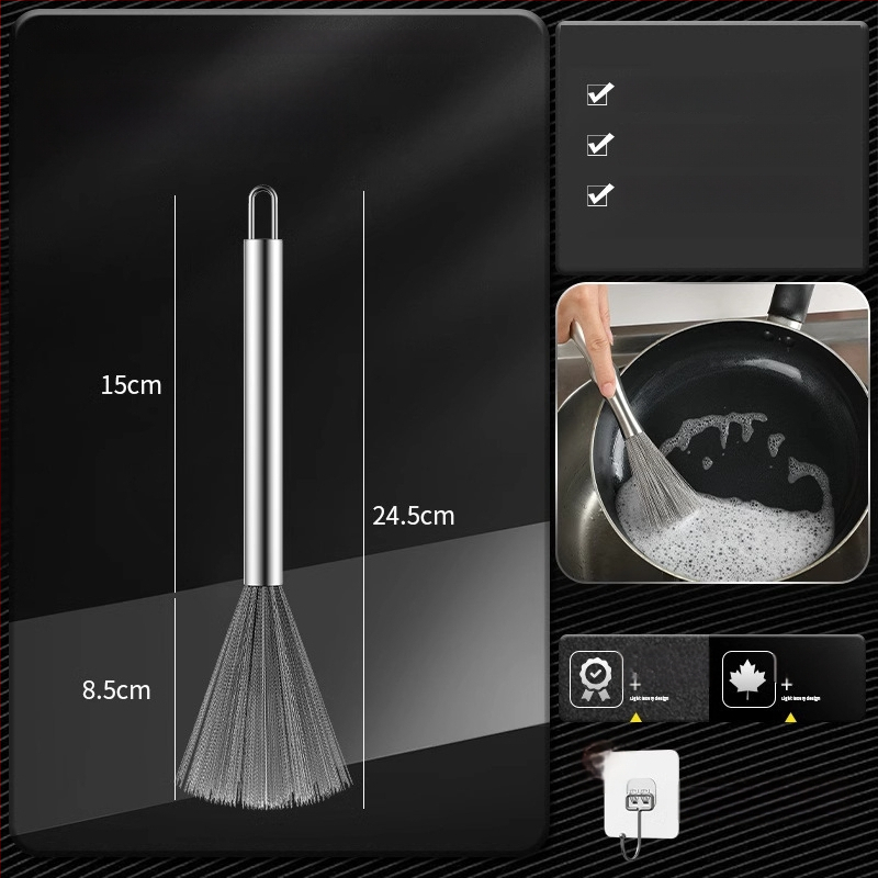 Puodų šepetėlis su ilga rankena, iš 304 nerūdijančio plieno, su plieno kamuoline šveitimui virtuvėje