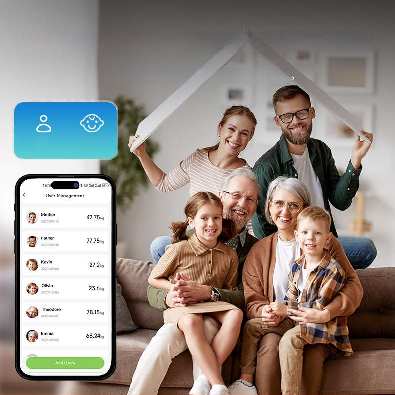 Aštuonių elektrodo kūno riebalų matavimo svarstyklės su Bluetooth, programėle riebalams ir vandeniui matuoti, iš grūdinto stiklo