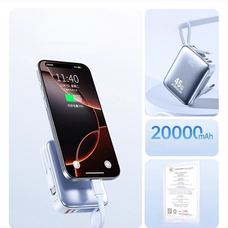 Išorinė baterija 20000 mAh su 45W greitu įkrovimu, įmontuoti kabeliai, Li‑polimerų ličio baterija, 3C sertifikatas