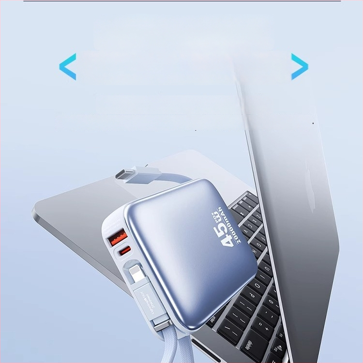 Išorinė baterija 20000 mAh su 45W greitu įkrovimu, įmontuoti kabeliai, Li‑polimerų ličio baterija, 3C sertifikatas