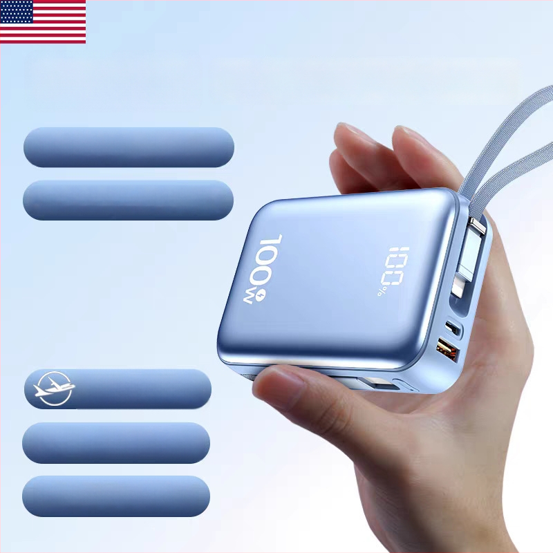 Išorinė baterija 20000 mAh su 45W greitu įkrovimu, įmontuoti kabeliai, Li‑polimerų ličio baterija, 3C sertifikatas