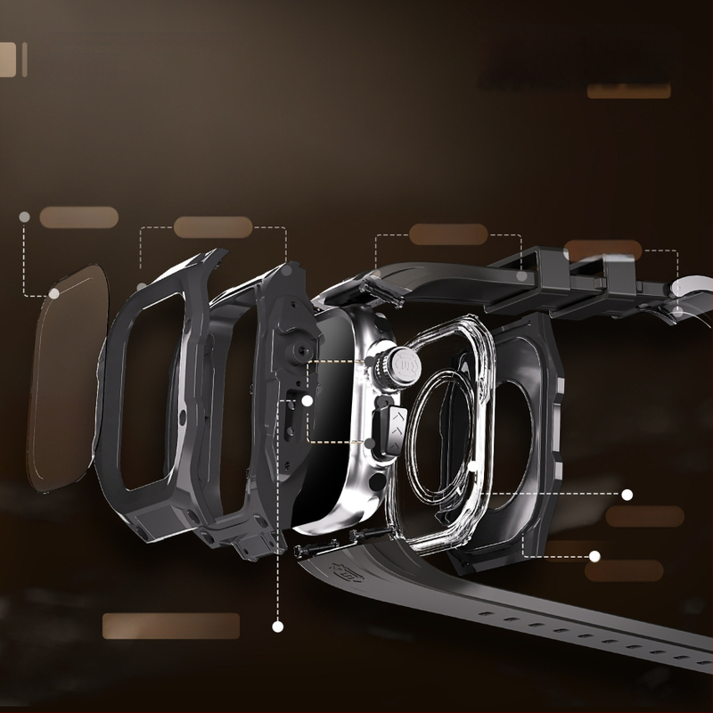 Apsauginė dėžutė Apple Watch Ultra 2 – TPU+PC medžiagos; suderinama su Watch4; komplekte: laikrodžio rėmas, diržas, alkoholio maišelis, instrukcija; licencijuotas privatus ženklas