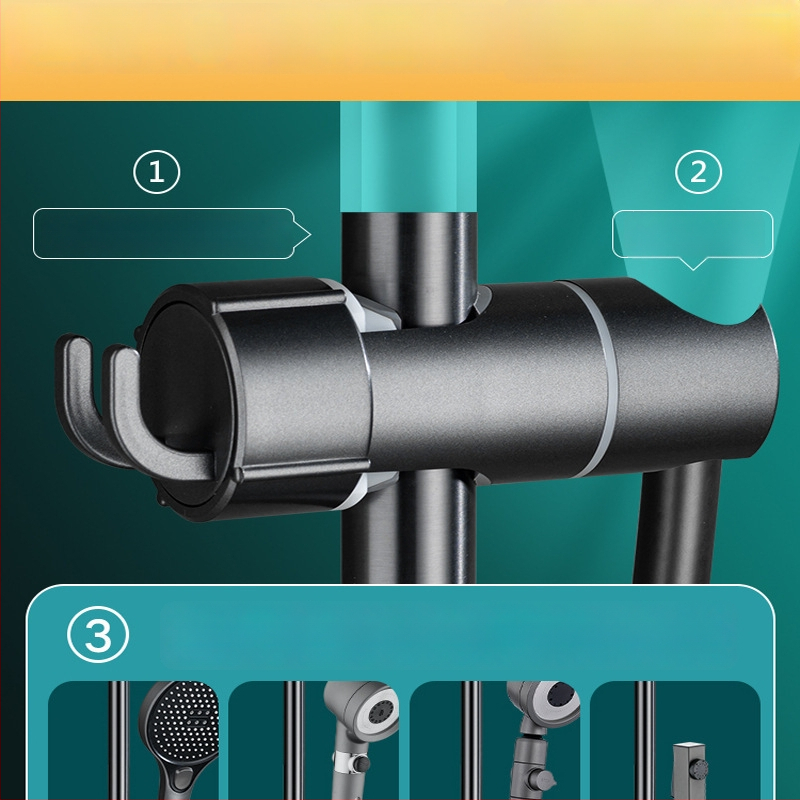 Dušo laikiklio komplektas su reguliuojama strypu ir slydimo gaubteliu — kabliuko montavimas; medžiaga plastikas; šiuolaikiškas minimalistinis stilius