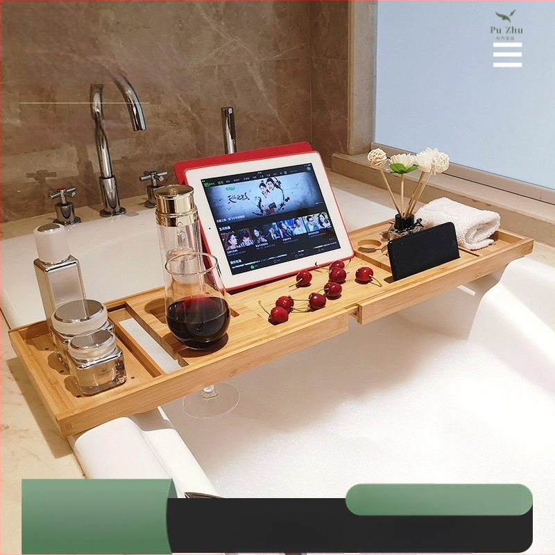 Bambukinis vonios laikiklis – vieno aukšto, teleskopinis, daugiafunkcinis su telefono/tabletės laikikliu, modernus stilius