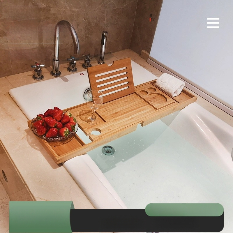 Bambukinis vonios laikiklis – vieno aukšto, teleskopinis, daugiafunkcinis su telefono/tabletės laikikliu, modernus stilius