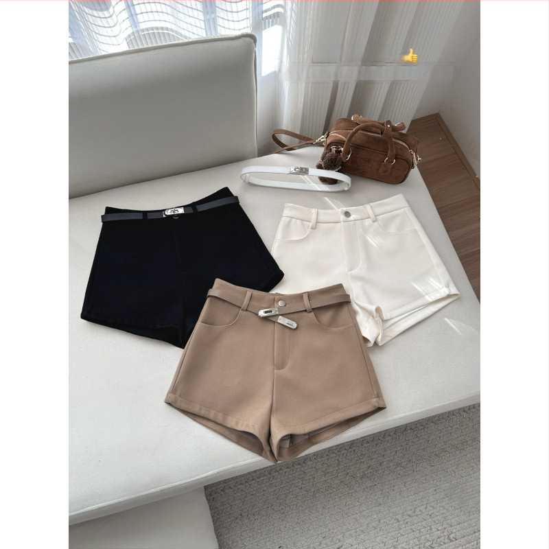 Moteriški vilnoniai šortai su dirželiu, A linijos siluetas, aukštas juosmuo, 95% vilna, Spandex