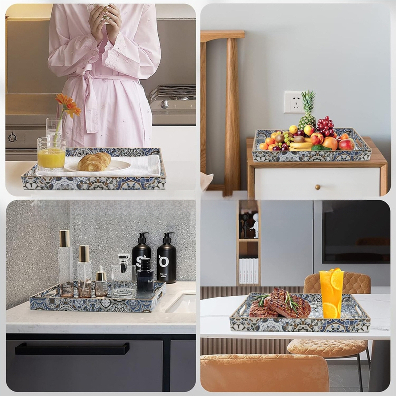 Dekoratyvinis kvadratinis PP plastikinis padėklas su rankena, boho stilius, gėlių raštas