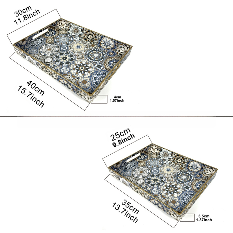 Dekoratyvinis kvadratinis PP plastikinis padėklas su rankena, boho stilius, gėlių raštas