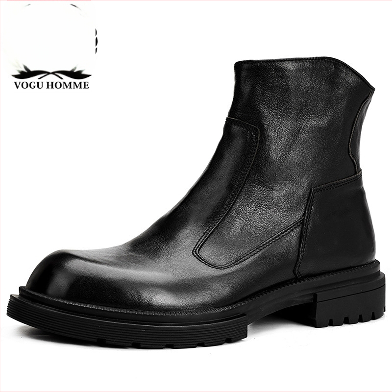 Vīriešu Martins zābaki no īstas ādas, gumijas zole, sānu rāvējslēdzējs, apaļš purns, vidēja augstuma papēdis 3–5 cm