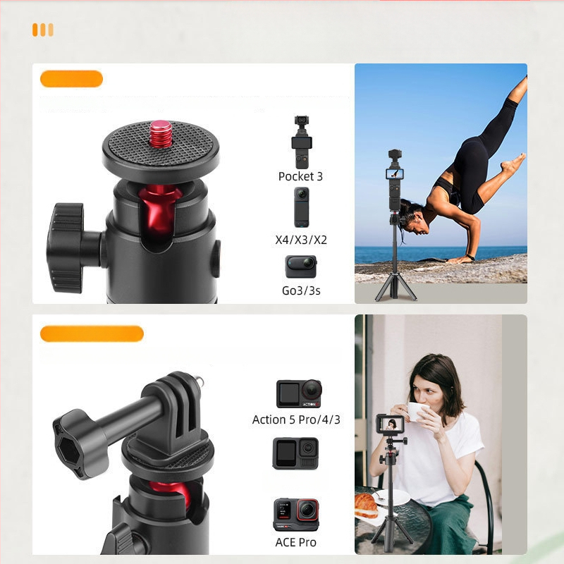 Flymile stovas DJI Action 5 Pro — išplėtimo lazdelės laikiklis, Pocket 3 teleskopinis stovas, 102.7 g