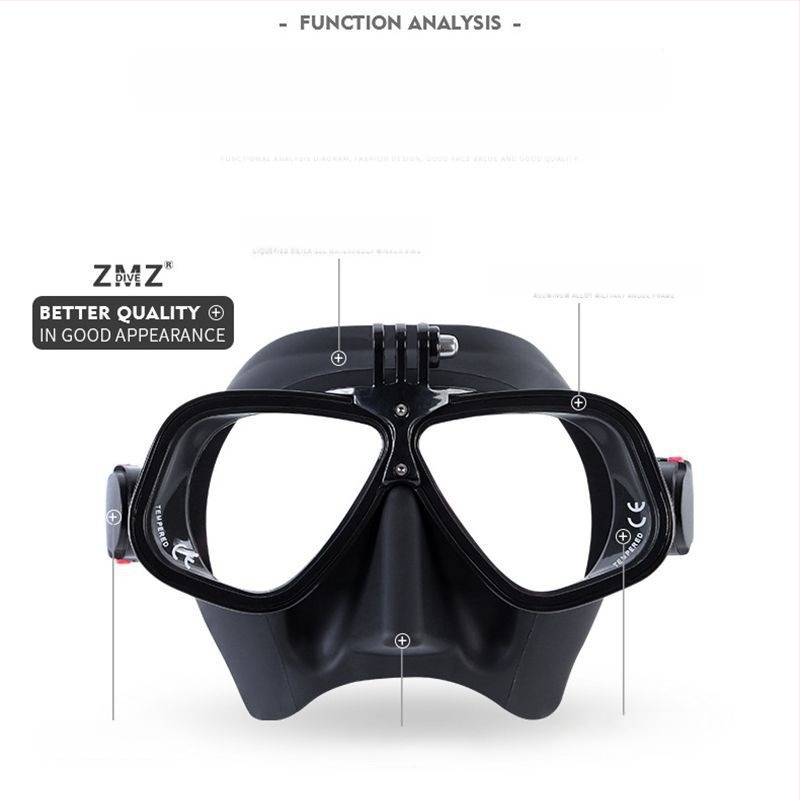 Täiskasvanute vabase sukeldumismask sportkaamera hoidja ja dioptriliste läätsedega ühilduvus, silikoon + PC