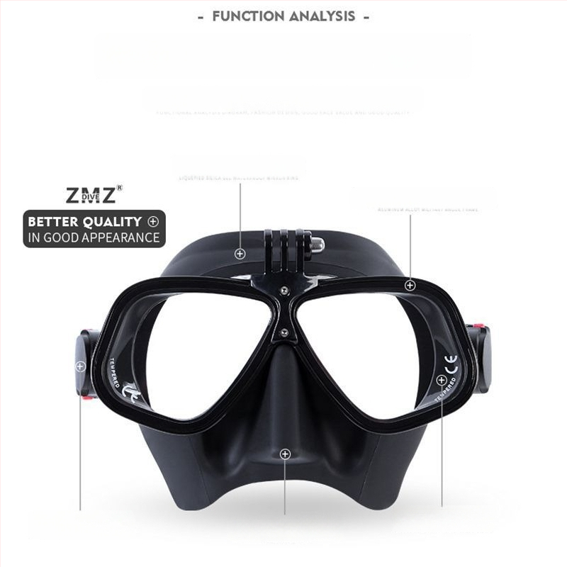 Täiskasvanute vabase sukeldumismask sportkaamera hoidja ja dioptriliste läätsedega ühilduvus, silikoon + PC