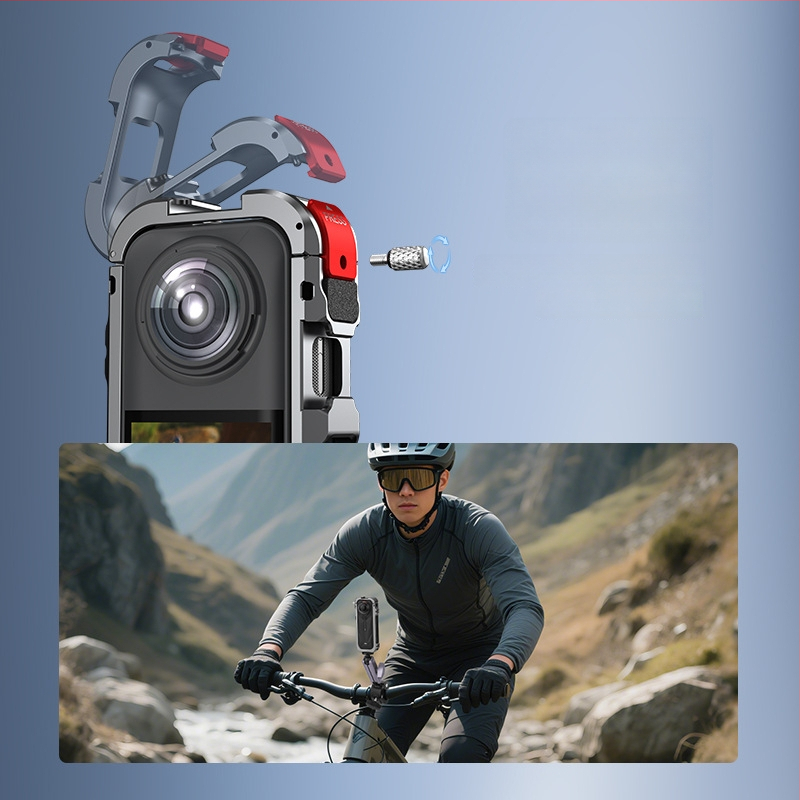 Insta360 X5 Rabbit Cage apsauginis rėmelis – aliuminio lydinys + silikono objektyvo dangtelis, 63,5 g; įtrauktas: narvas rėmas, objektyvo dangtelis ir 4 vėjo atsparios vatos