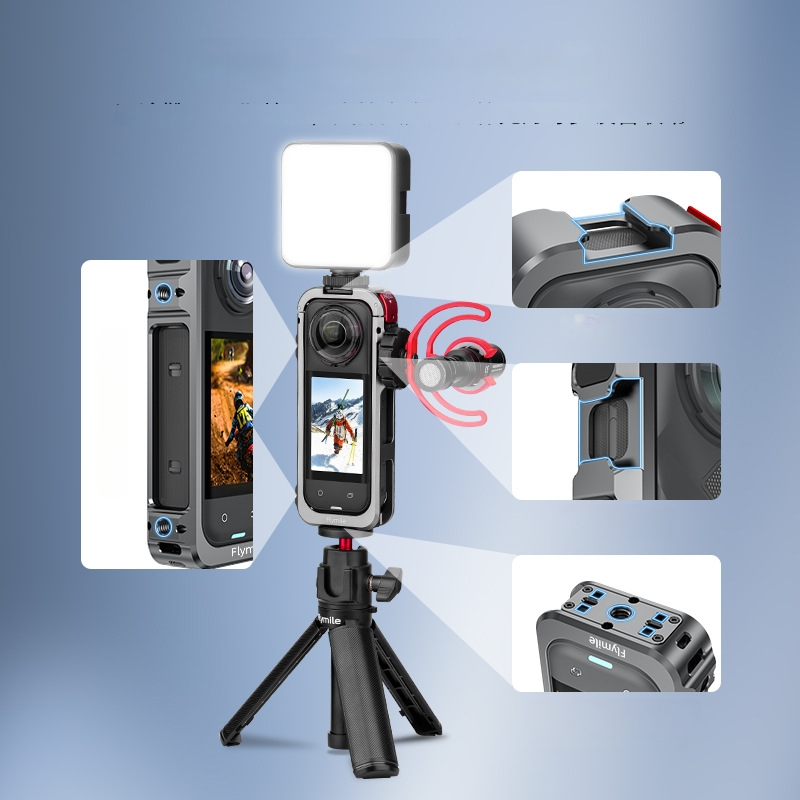 Insta360 X5 Rabbit Cage apsauginis rėmelis – aliuminio lydinys + silikono objektyvo dangtelis, 63,5 g; įtrauktas: narvas rėmas, objektyvo dangtelis ir 4 vėjo atsparios vatos