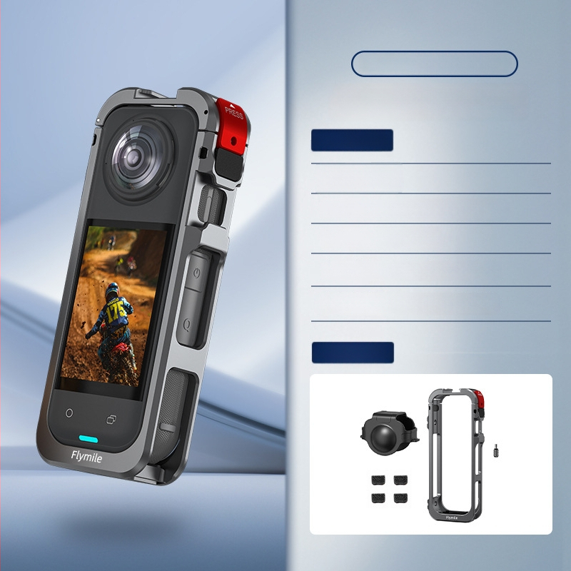 Insta360 X5 Rabbit Cage apsauginis rėmelis – aliuminio lydinys + silikono objektyvo dangtelis, 63,5 g; įtrauktas: narvas rėmas, objektyvo dangtelis ir 4 vėjo atsparios vatos