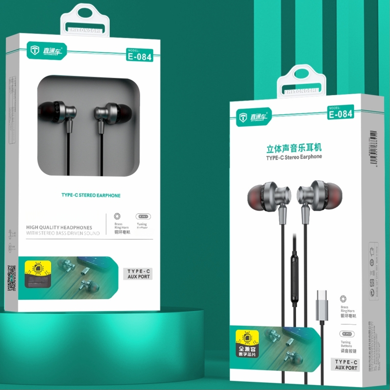 Type-C vadu austiņas ar mikrofonu, iekšējā auss dizains, dinamiskā spole, kabelis 120 cm, jutīgums 113 dB