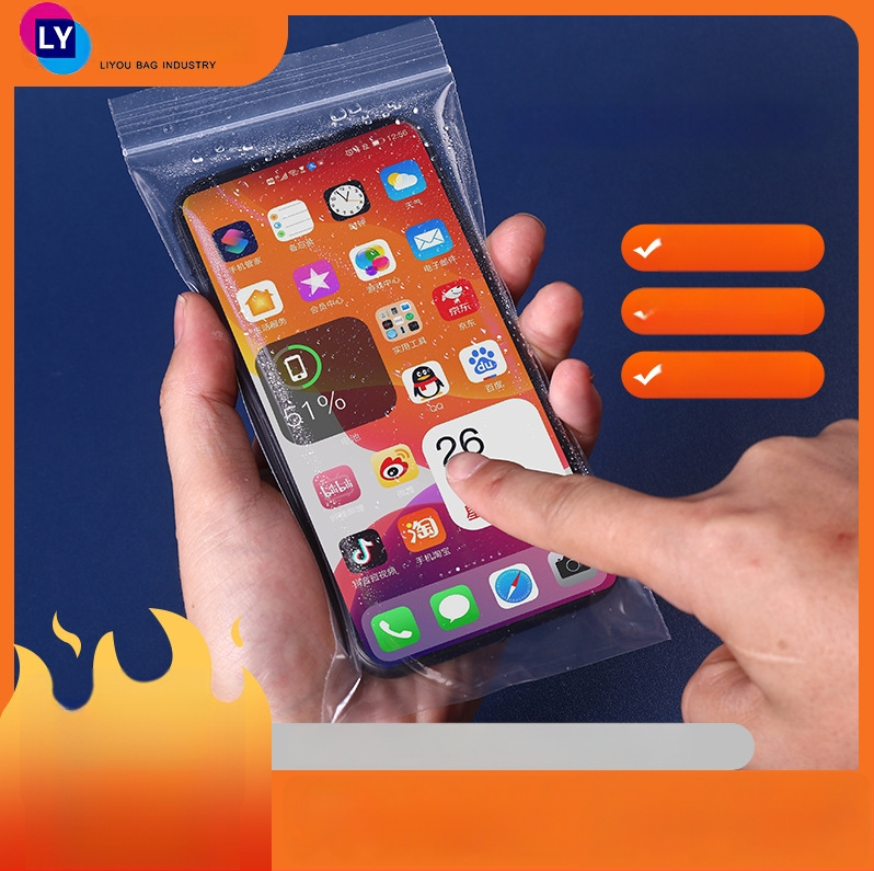 Mobiliojo telefono izoliacinė pakuotė, dulkėms atspari, stora, skaidri, savarankiškai užsidaranti, liečiamam ekranui pritaikyta, atspari vandeniui (Medžiaga: plastikas; Karšto presavimo gamyba; Personalizuojama; Spauda logotipu; Unisex)