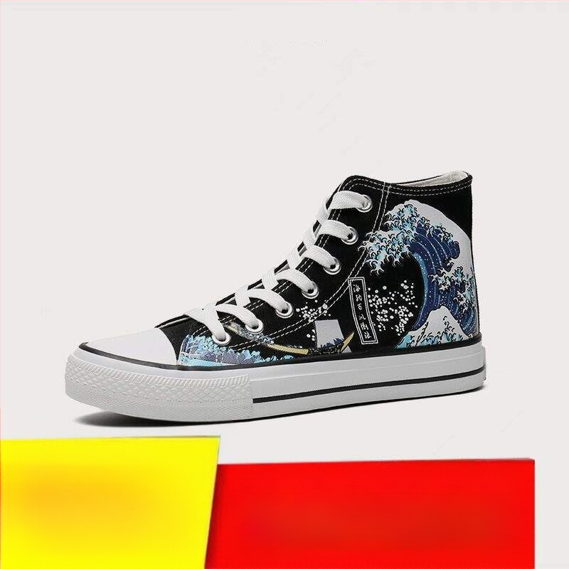 Vīriešu auduma augstās sporta kurpes — augsts purngals, šņorēšana, karikatūru raksts