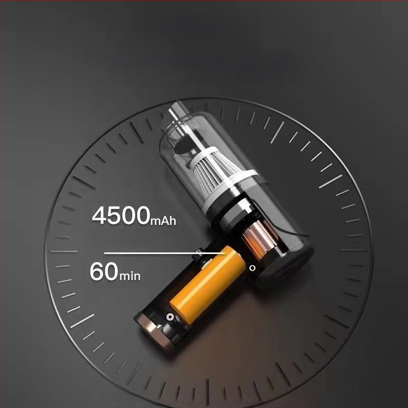 Mini juhtmevaba auto tolmuimeja, käsitsi, USB toide, sisseehitatud 501–800 mAh aku, imemisjõud 2100–3000 Pa, müra alla 36 dB