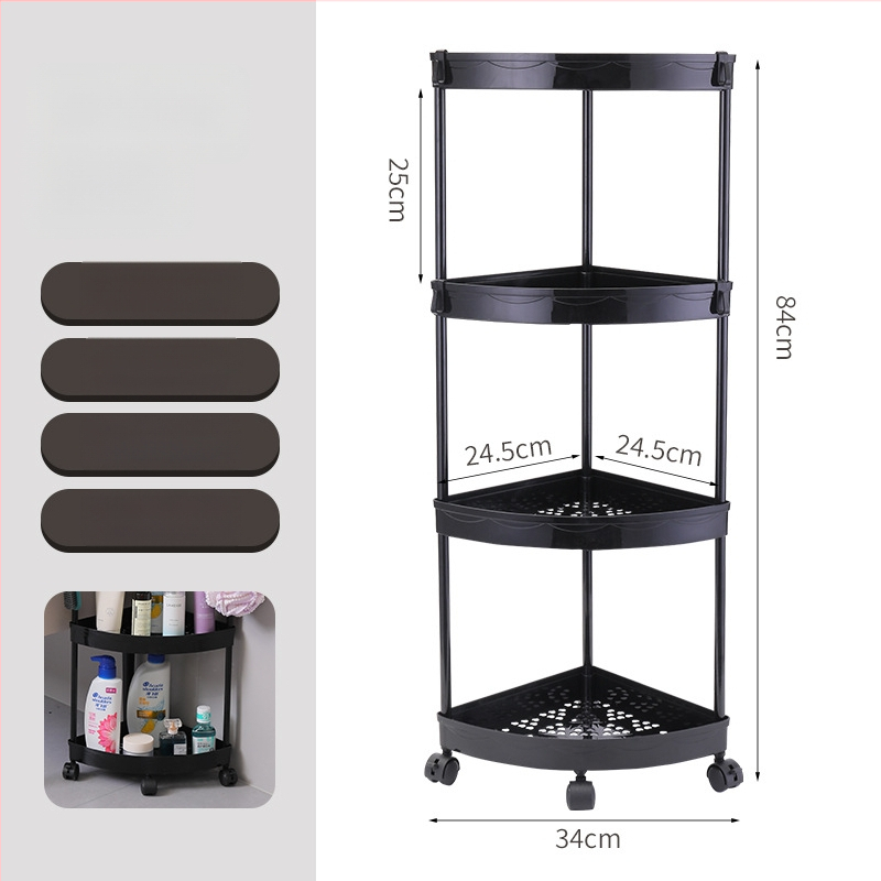 Pastatomas kampinis vonios kambario laikymo stelažas, 4 niveliai, PP medžiaga, judamas, be gręžimo