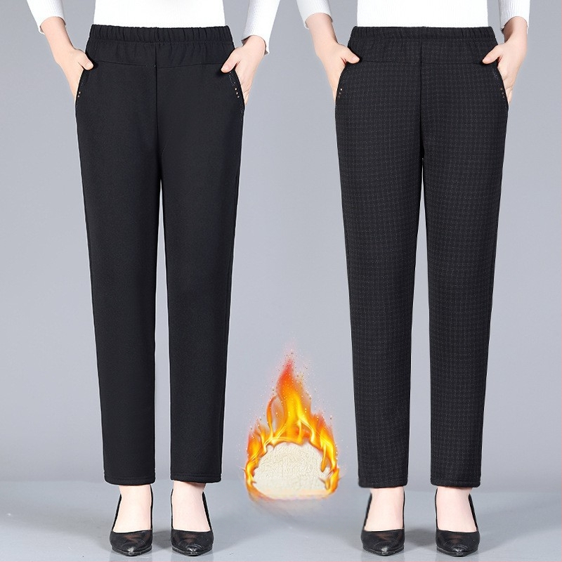 Senioru sieviešu bikses ar fleece iekšpusi, bieza, augsta vidukļa, brīvs taisns piegriezums