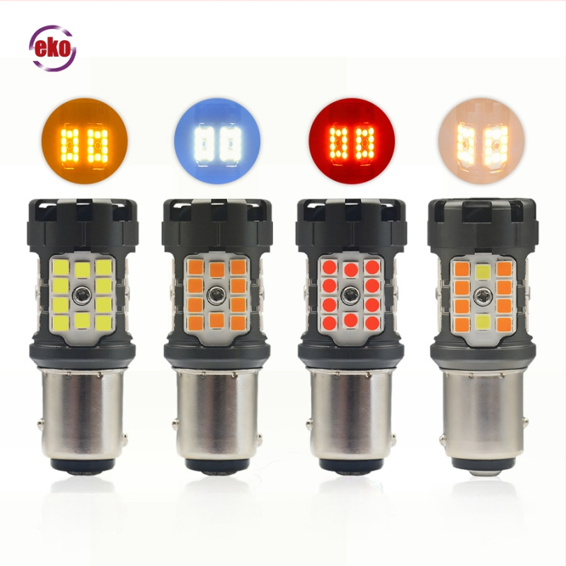 T7B 1157/Bay15D LED posūkio signalas su dienos šviesos, atbulinės eigos ir stabdymo lemputėmis | 9-20V DC, 6500K, 3030SMD, 50 000 val.