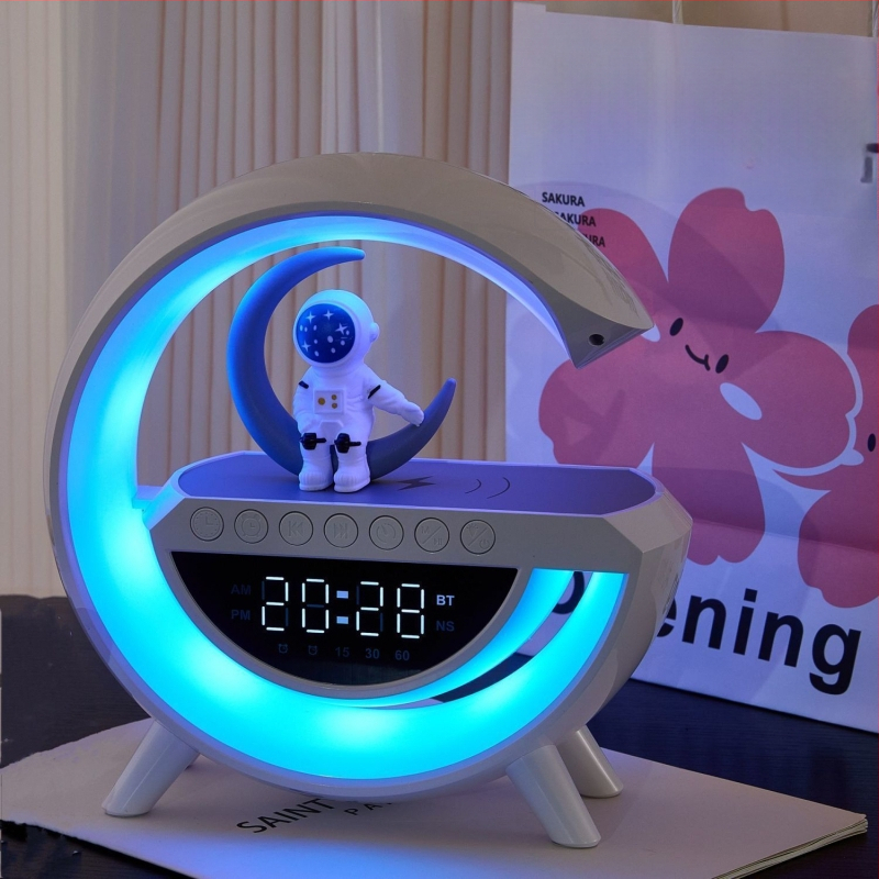 Be laidinio įkrovimo Bluetooth garsiakalbis su žadintuvu ir atmosferos stalo lempute (Belaidžio įkrovimo; Bluetooth audio; Žadintuvas; Atmosferos apšvietimas; Naktinė lemputė)