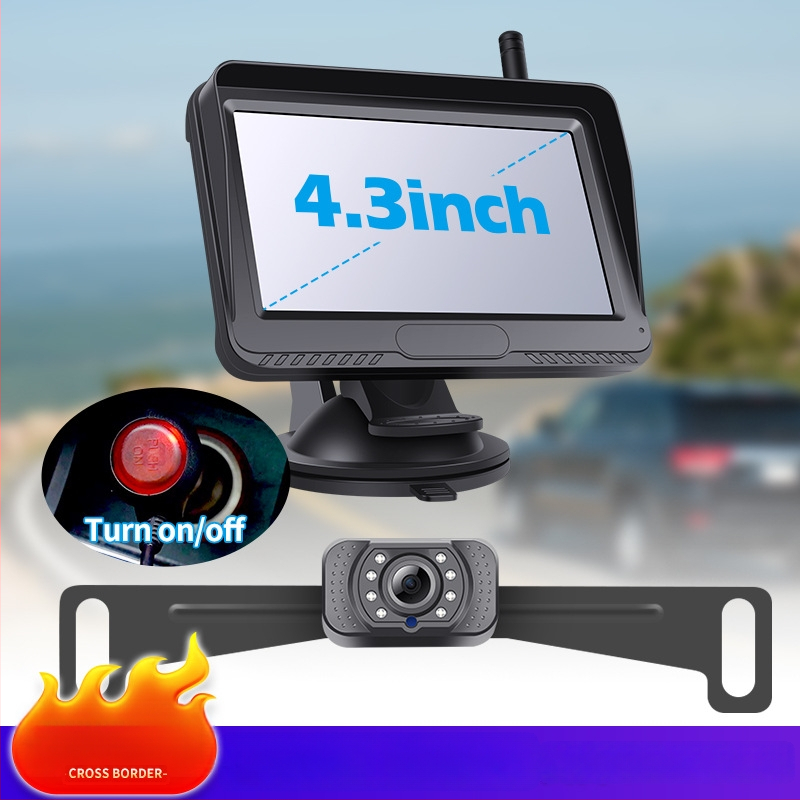 Belaidė automobilio galinio vaizdo kamera rinkinys su numerio ženklų kamera — raiška 1080P/720P/480P, 12V, 110° kampas, AV signalas