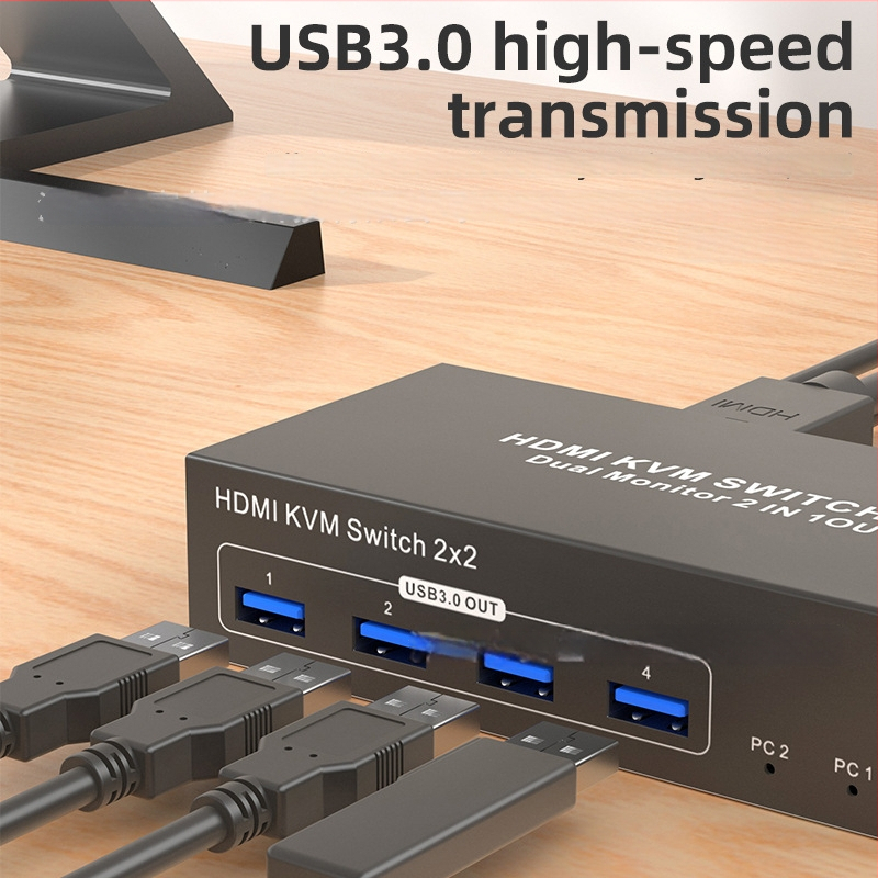 HDMI KVM perjungiklis, 2 įvestys, 2 išvestys dviem kompiuteriams, bendras klaviatūros ir pelės naudojimas, 4K60Hz, Windows 7, modelis 202-U3-A