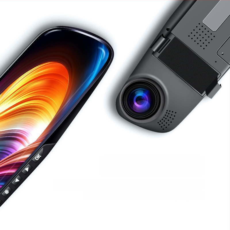 Automobilio atbulinės eigos veidrodžio vaizdo registratorius su dviejų objektivų (priekyje/galas), 720p, 140° kampas, kilpo įrašymas, USB, montavimas prie veidrodžio, atbulinės eigos vaizdas, parkavimo stebėjimas