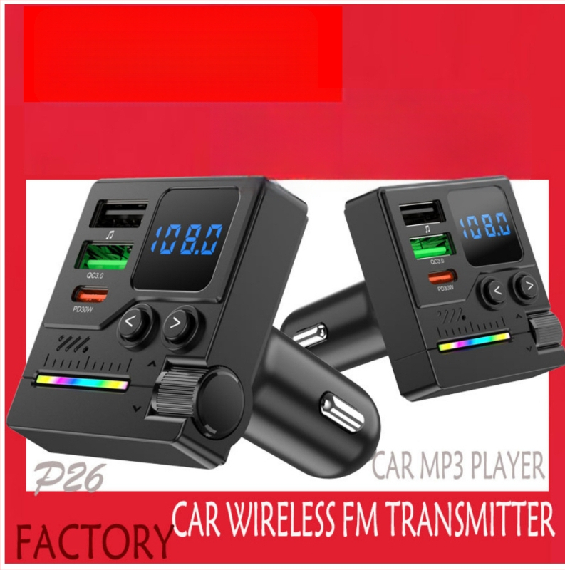 Automobilinis MP3 grotuvas su Bluetooth laisvų rankų funkcija, FM siųstuvas, aplinkos apšvietimas ir įkroviklis automobiliui (Prekės ženklas: Syed; Modelis: P2; Medžiaga: ABS)