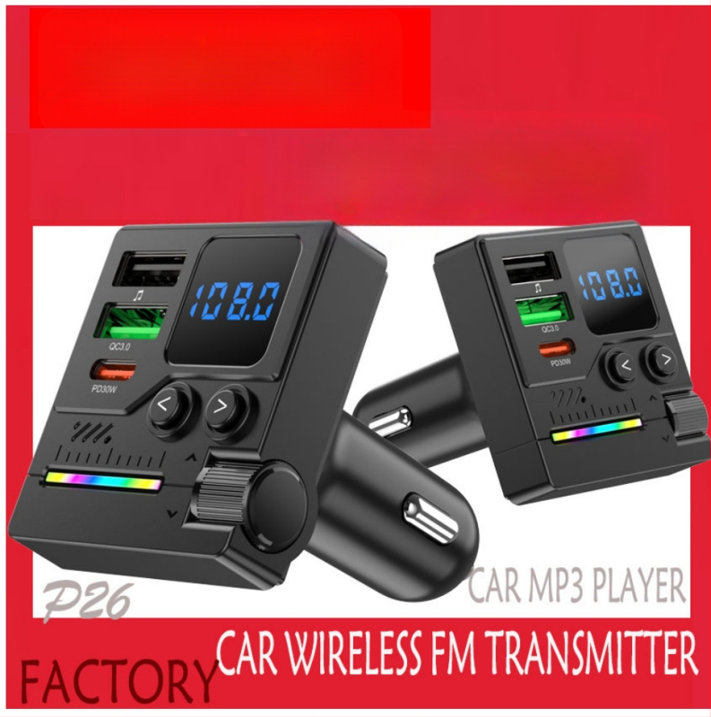 Automobilinis MP3 grotuvas su Bluetooth laisvų rankų funkcija, FM siųstuvas, aplinkos apšvietimas ir įkroviklis automobiliui (Prekės ženklas: Syed; Modelis: P2; Medžiaga: ABS)