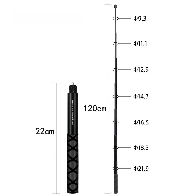 HB-120Z Aliuminio lydinio 7-sekcijų išplėtimo lazda veiksmų ir panoraminėms kameroms; suderinama su Insta360X4, GoPro, DJI Action 5; maksimali apkrova iki 2 kg; logotipo spausdinimas įmanomas.