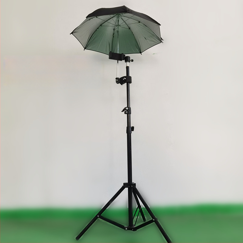 Trikojis laikiklis su saulės skėčiu lauko tiesioginei transliacijai – 8 ribų geležinė konstrukcija, poliesterio 210T audinys, UPF > 50