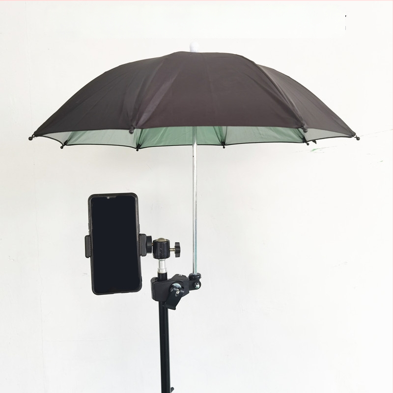 Trikojis laikiklis su saulės skėčiu lauko tiesioginei transliacijai – 8 ribų geležinė konstrukcija, poliesterio 210T audinys, UPF > 50