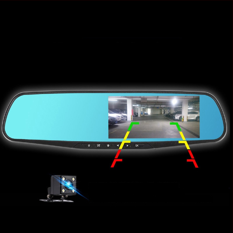 Dviejų objektų vaizdo registratorius su integruotu galinio vaizdo veidrodžiu, 1080p įrašas, 140° matymo kampas, stovėjimo stebėjimas