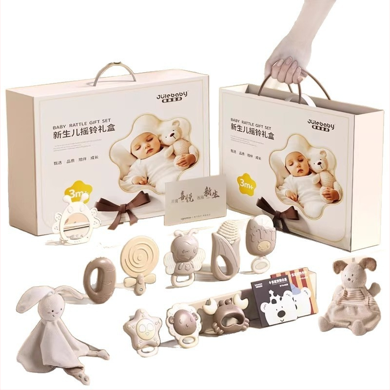 Kūdikių kramtukas ir barškutis – 0–3 metų amžius, silikonas + ABS, interaktyvi žaislas dovanų dėžutėje sensoriniam ir rankos-akies koordinacijos vystymui