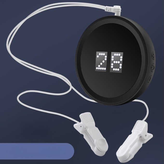 Kõrvaklipsi unemassaaž mikrovoolu madala sagedusega impulssidega, laaditav sisseehitatud aku 500–800 mAh, 6–8 tunni tööiga, LED-ekraan, infrapunafüsioteraapia ja taimer