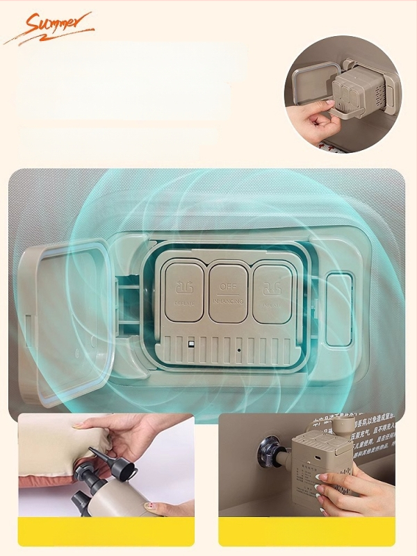 Išorinei kempingo stovyklai tinkama pripučiama lova su aukštu pūkuotu paviršiumi, automatinis pripūtimas, sveria 7,5 kg, maksimali apkrova 450 kg