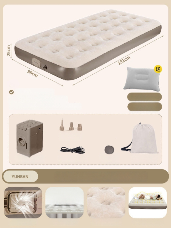 Išorinei kempingo stovyklai tinkama pripučiama lova su aukštu pūkuotu paviršiumi, automatinis pripūtimas, sveria 7,5 kg, maksimali apkrova 450 kg