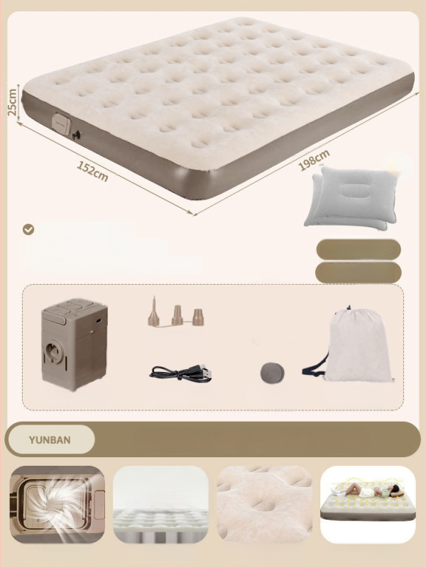 Išorinei kempingo stovyklai tinkama pripučiama lova su aukštu pūkuotu paviršiumi, automatinis pripūtimas, sveria 7,5 kg, maksimali apkrova 450 kg