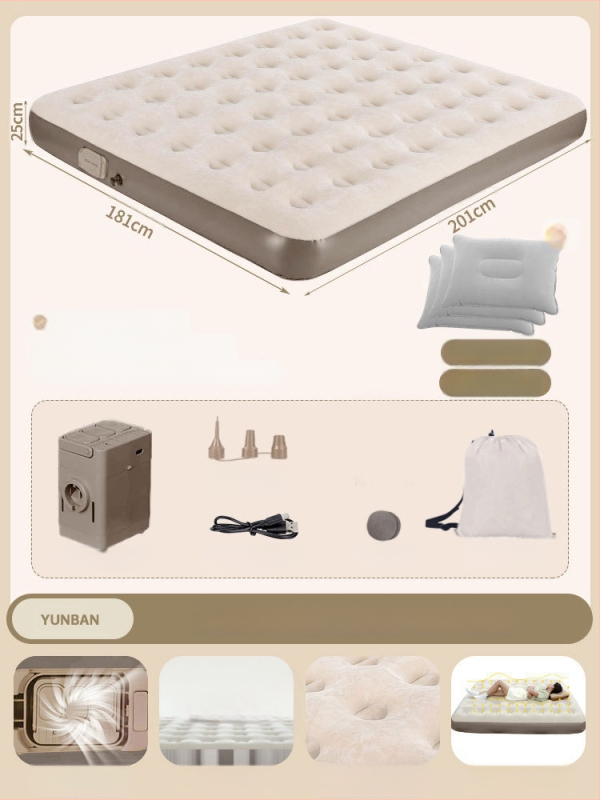 Išorinei kempingo stovyklai tinkama pripučiama lova su aukštu pūkuotu paviršiumi, automatinis pripūtimas, sveria 7,5 kg, maksimali apkrova 450 kg