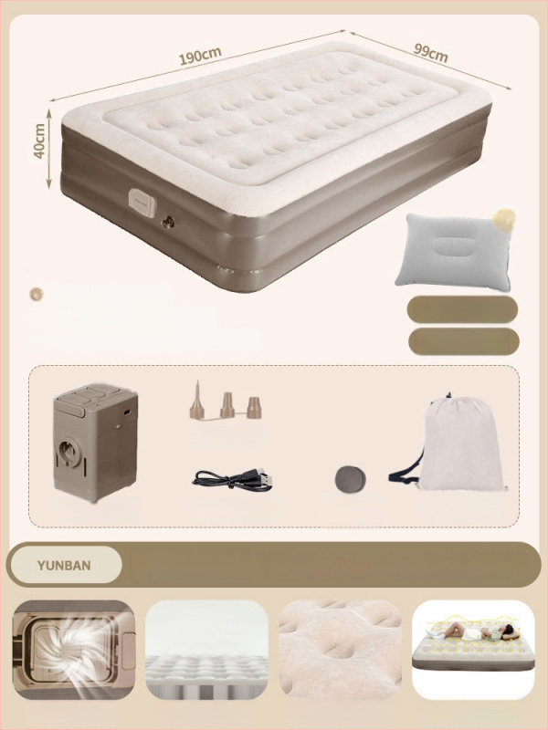 Išorinei kempingo stovyklai tinkama pripučiama lova su aukštu pūkuotu paviršiumi, automatinis pripūtimas, sveria 7,5 kg, maksimali apkrova 450 kg