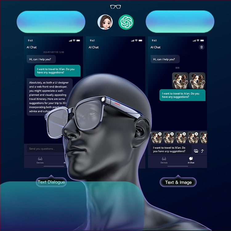 Inteligentné okuliare s 8MP kamerou so stabilizáciou na fotografovanie a nahrávanie videa; AI preklad; AI rozpoznávanie objektov; Bluetooth hudba a hovory