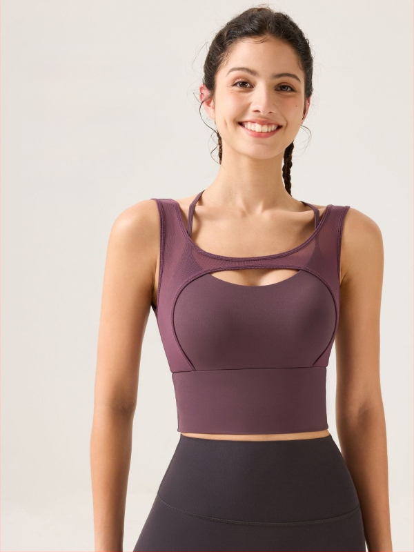 Αθλητικό σουτιέν με βαθύ V και nude αίσθηση, διαφανές δίχτυ, διακοσμητικό πίσω, απομάκρυνση υγρασίας, ύφασμα νάιλον/σπαντέξ, ενισχυμένες cups