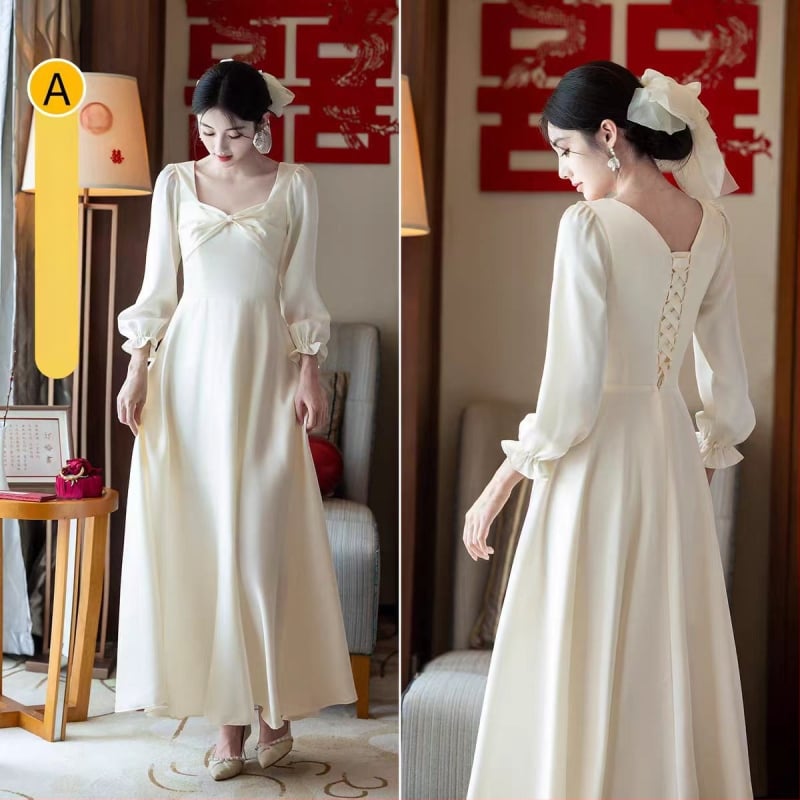 Шампанено сатенено рокля за шаферки, дълъг ръкав; А-линия; квадратно деколте; полиестер със спандекс (≤30%); 2025 есенно-зимна колекция